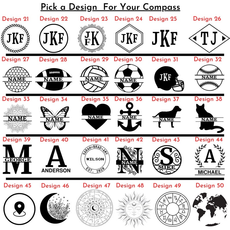 May include: A grid of 50 compass designs, each with a different graphic. The designs include initials, sports, animals, and other symbols. The designs are numbered 21 through 50.