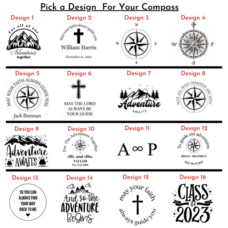 May include: A grid of 16 compass designs with different text and images. The designs include mountains, crosses, compasses, and the text "Adventure Awaits".