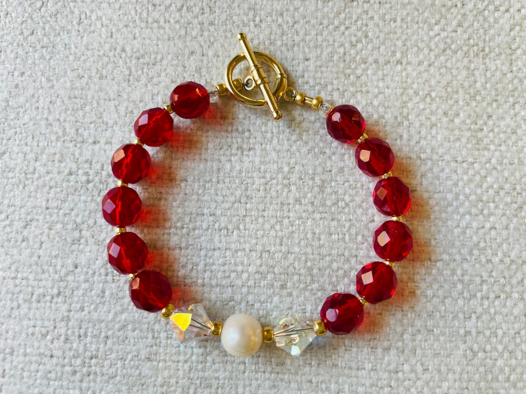 Red Crystal Bracelet With Pearl - Etsy