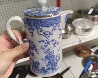 Vintage Asian Botanical flower & bird print small pitcher/teapot
