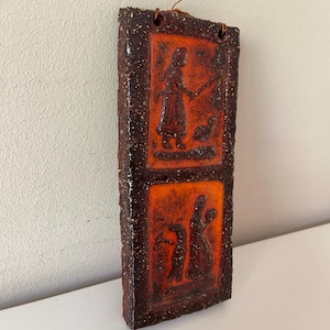 jufhamvintage: Vintage Mysterious Handmade Ceramic Wall Plaque-  Rustic Relief Tile- Orange & Brown Glazed Pottery - Folk-Art Inspired
