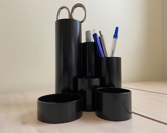 Jufhamvintage- vintage space age plastic black desk organizer-  70s / 80s black plastic pen holder- vintage desk organizer