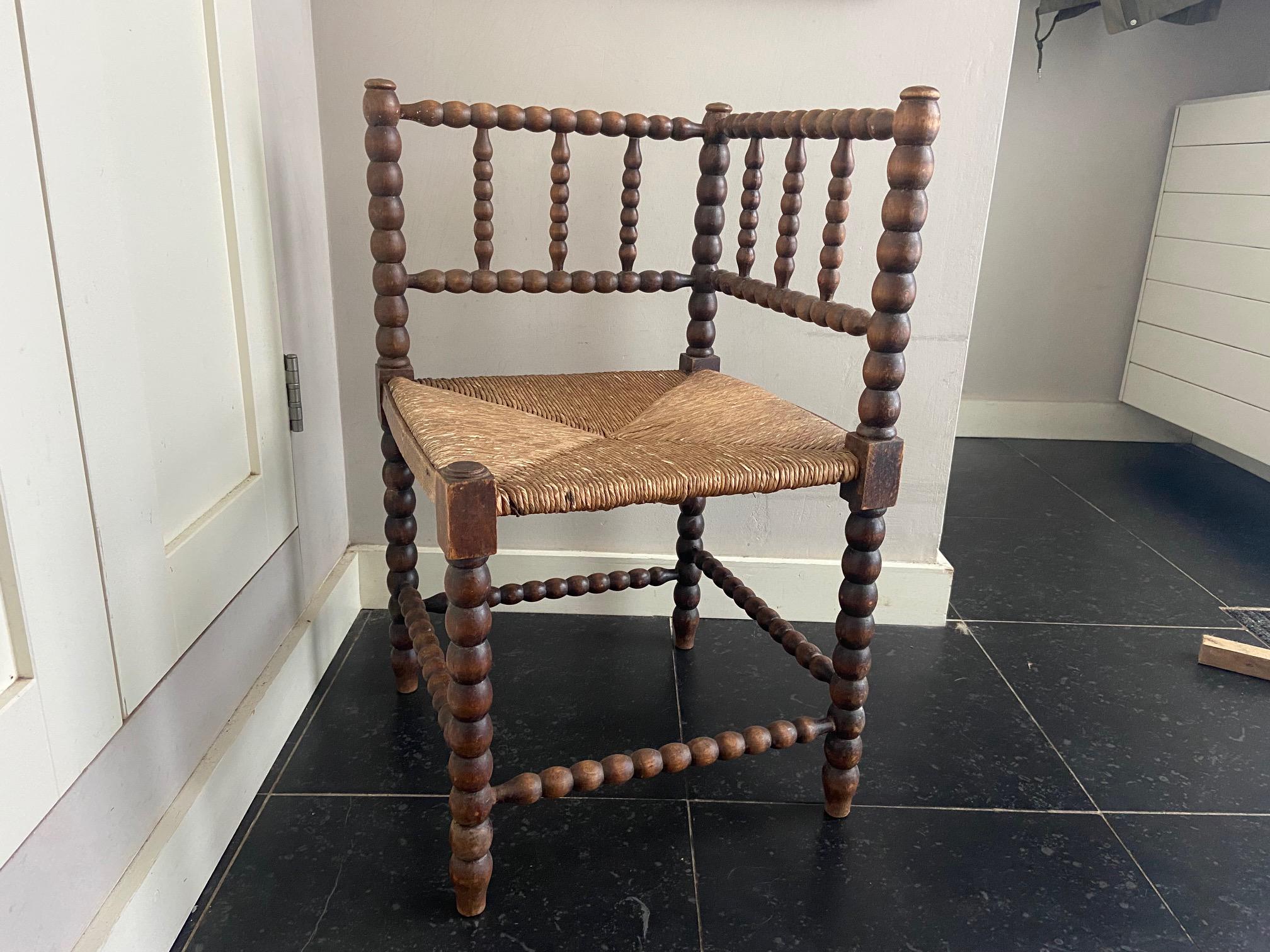 Jufhamvintage-  Wooden Bobbin chair with a wicker matted seat- vintage 50s corner chair