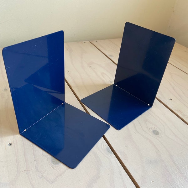 jufhamvintage- Vintage Set of 2 Metal Industrial Bookends- Blue Book Organizers, Retro, 70s