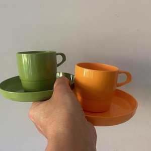 jufhamvintage- Set of 2 Mepal  Melamine Cups and Saucers - vintage Mepal Holland Cups 160 and Saucers 140