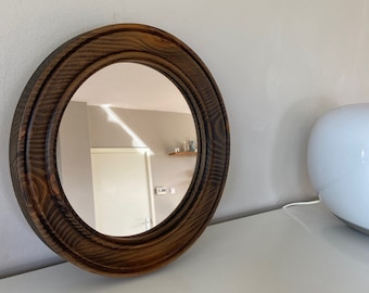 Jufhamvintage- vintage round mirror with in a wooden frame- 60s wall mirror