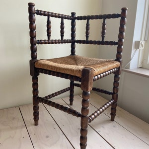 Jufhamvintage-  Wooden Bobbin chair with a wicker matted seat- vintage 50s corner chair-