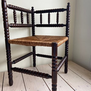 Jufhamvintage-  Wooden Bobbin chair with a wicker matted seat- vintage 50s corner chair-