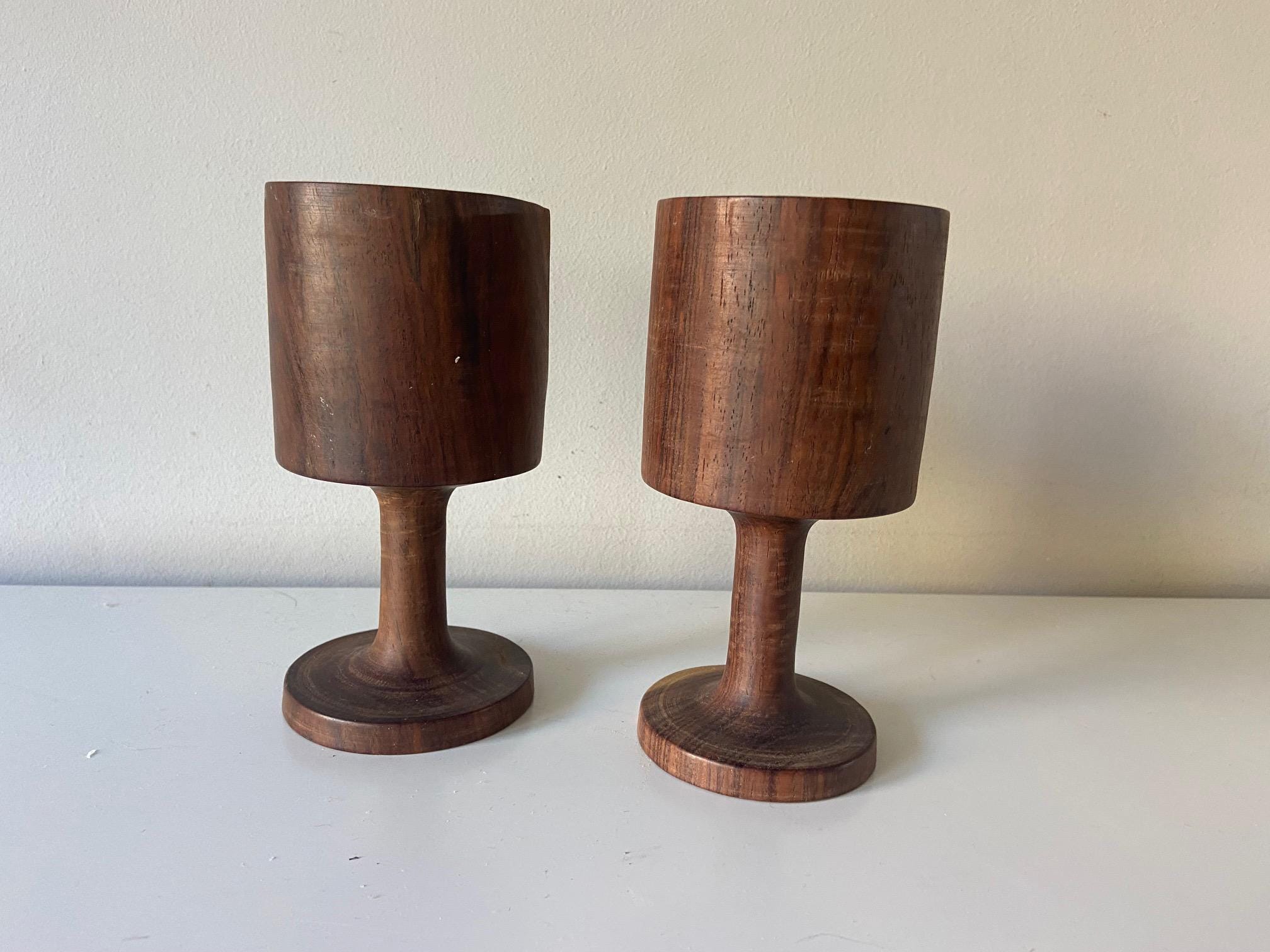 jufhamvintage- Vintage set of 2 wooden drinking glasses-  Two wooden wine glasses- 90s goblets- handmade wooden mugs
