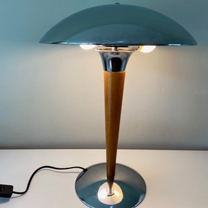 jufhamvintage- mushroom lamp in wood and chromed metal- 80s table lamp- art deco liner lamp inspired- F Line Eclipse 80s lamp