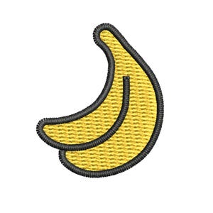 Peut inclure: Une banane jaune avec un contour noir, brodée sur un fond blanc.