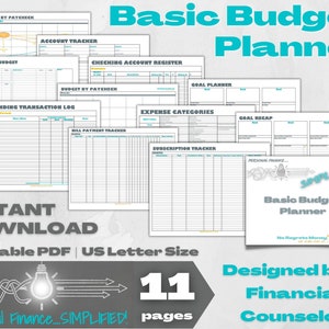 May include: A printable budget planner with 11 pages, including a budget by paycheck, spending transaction log, bill payment tracker, expense categories, goal planner, goal recap, and subscription tracker. The planner is designed by a financial counselor and is available for instant download in US Letter size.