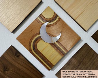 Azulejos de pared con superposición magnética / Arte de pared modular de madera personalizable / Arce y nogal / Decoración intercambiable / Luna moderna de mediados de siglo