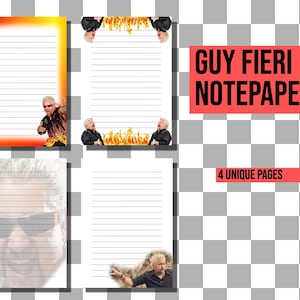 May include: Four printable pages of lined notepad paper featuring images of Guy Fieri. The top page has a red and orange gradient background with a picture of Guy Fieri in the bottom right corner. The second page has a picture of Guy Fieri in the top left corner. The third page has a picture of Guy Fieri in the top right corner. The fourth page has a picture of Guy Fieri in the bottom right corner. The text "GUY FIERI NOTEPAPER" is in red text on a white background. The text "4 UNIQUE PAGES" is in white text on a red background.