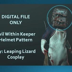 Puede incluir: Archivo digital solamente. Patrón de casco Evil Within Keeper por Leaping Lizard Cosplay. Un modelo 3D de un casco blanco con forma de caja cuadrada y alambre de púas.