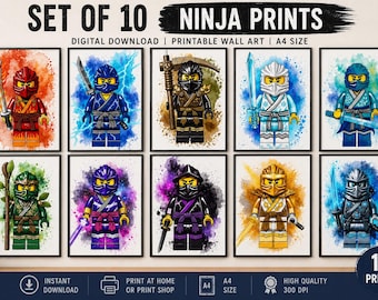 Ninja Kids Wall Art Set Of 10 | Watercolor Cartoon Warrior Prints (Digital Download)