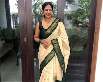 Handloom Weaving White and Green Color Soft Lichi Silk Saree for Women | Traditional Indian Saree with Blouse for Wedding Party, Fucntions