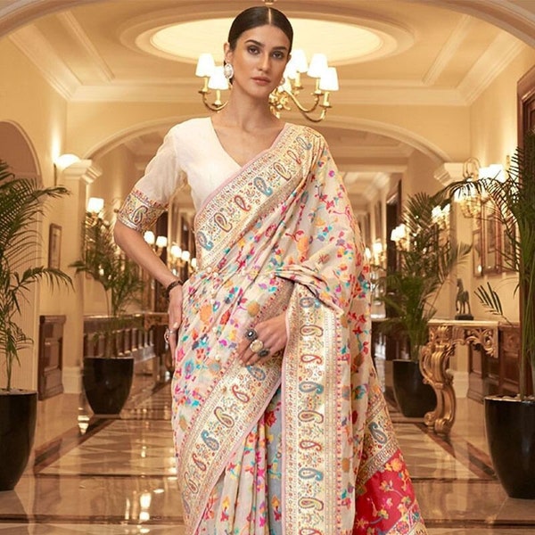 Jacquard Weaving White Color Soft Lichi Silk Saree for Women, Designer Saree with Rich Pallu,Wedding Saree For Sangeet,Fancy Reception Saree