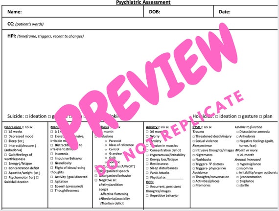 Psychiatry H P Clinical Template for Medical Students and Etsy