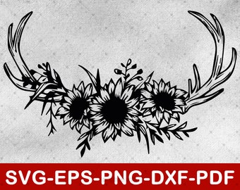 Floral Deer Antlers Svg / Girasol Animal Svg Archivos para Cricut / Descarga instantánea Eps,Svg,Png,Pdf,Dxf
