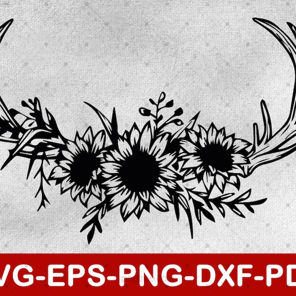 Floral Deer Antlers Svg | Sunflower Animal Svg Files for Cricut | Instant Download Eps,Svg,Png,Pdf,Dxf