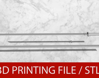 May include: A 3D printable model of a sword, shown in three different parts. The image includes the text "3D PRINTING FILE / STL".