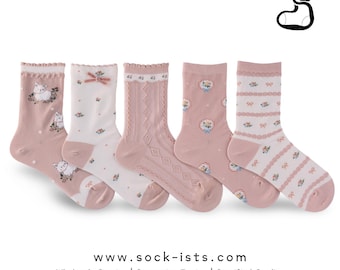 Women's Vintage Cute Crew Socks – Sockists Designer Series - Pink Bunny - 5 Pairs Soft Cotton Knit Socks for Everyday Comfort