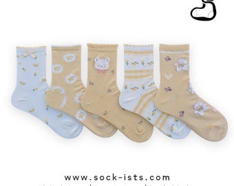 Patterned Pastel Bear & Floral Socks – 5 Pair Set | 75 Cotton| Holiday Women's Sock Set