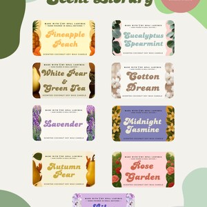 May include: A Scent Library display featuring nine rectangular candle labels by Opal Ladybug. Scents include Pineapple Peach, Eucalyptus Spearmint, White Pear & Green Tea, Cotton Dream, Lavender, Midnight Jasmine, Autumn Pear, Rose Garden, and Lilac Bloom.