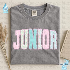 May include: A grey short-sleeved t-shirt with a crew neckline featuring the word JUNIOR printed across the chest in large, scalloped-edge letters. The letters alternate between a light pink solid color and a light blue floral or polka dot pattern.