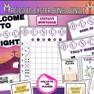 Juego Bunco de Pascua religiosa, juego de fiesta basado en la fe, dados de Pascua, juegos grupales de la iglesia de Pascua, juego Bunco con temática cruzada, idea para celebrar Pascua