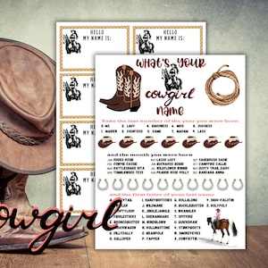 May include: A printable game for a cowgirl-themed party. The game instructs players to take the last number of the year they were born and the month they were born to find their cowgirl name. The game also includes a list of first letters of last names and their corresponding cowgirl names.