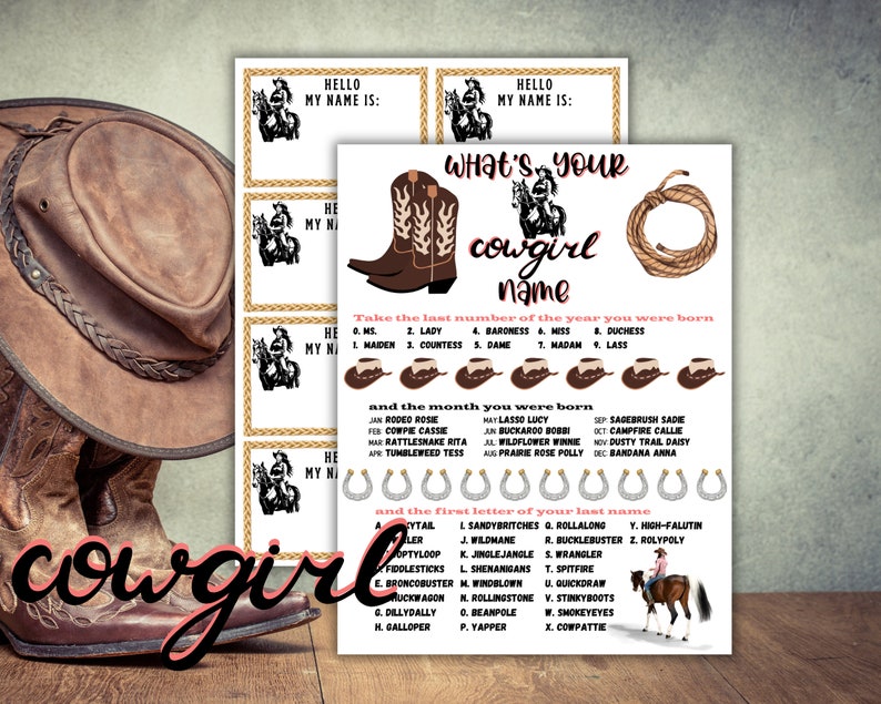 May include: A printable game for a cowgirl-themed party. The game instructs players to take the last number of the year they were born and the month they were born to find their cowgirl name. The game also includes a list of first letters of last names and their corresponding cowgirl names.