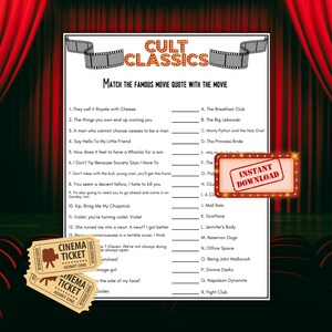 May include: A printable game with a red and white movie ticket design. The game is titled "Cult Classics" and asks players to match famous movie quotes with the movie they are from. The game includes quotes from movies such as "The Breakfast Club", "The Big Lebowski", "Monty Python and the Holy Grail", "The Princess Bride", "Fight Club", "Office Space", and more.