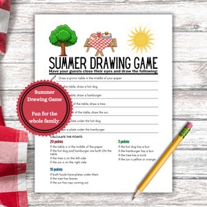 May include: A printed sheet with the text "SUMMER DRAWING GAME" and instructions to draw picnic-themed items. Includes illustrations of a tree, picnic table, and sun. A red circular sticker reads "Summer Drawing Game Fun for the whole family."