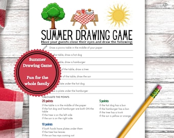 Summer Drawing Game Printable, Picnic Party Game, Pool Party Game, Blind Draw Challenge, Summer BBQ Activity, Kids & Family