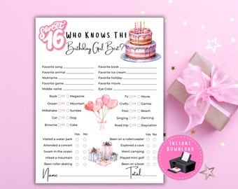 Who Knows The Birthday Girl Best, Teen Birthday Games, Sweet 16 Games, 16th Birthday Games,  Printable Birthday Games