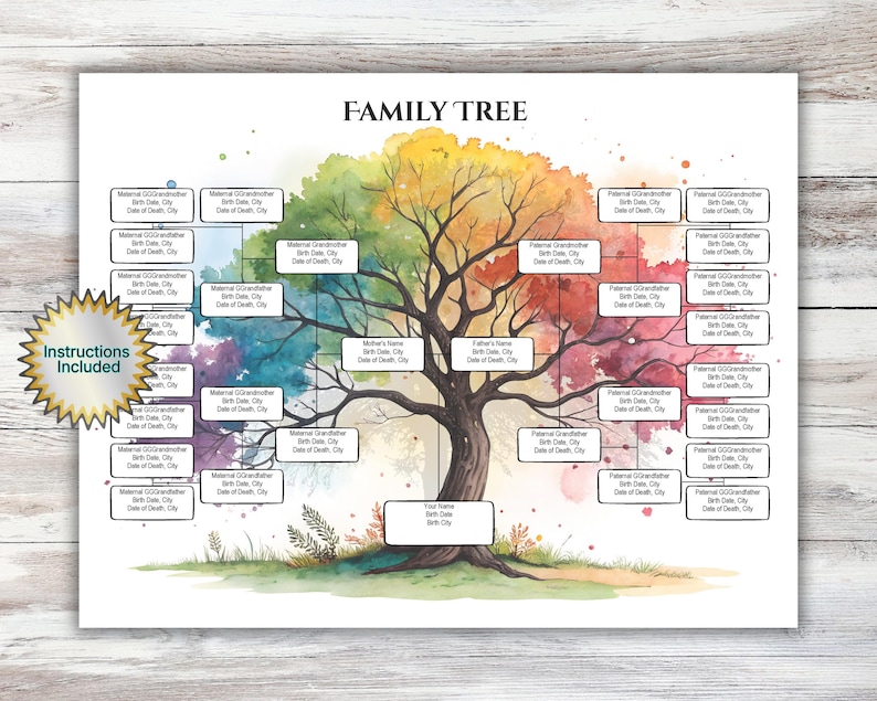 May include: A watercolor family tree chart with a vibrant, multi-colored tree design. The tree has a brown trunk and branches, with spaces for names and dates. The words "FAMILY TREE" are at the top. Includes "Instructions Included" text.