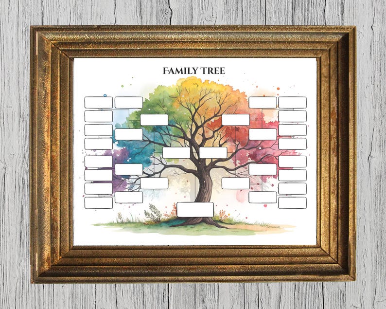 May include: A framed family tree print with a watercolor design. The tree has a colorful canopy of green, yellow, and red hues. The print includes the words "FAMILY TREE" at the top and blank spaces for names.