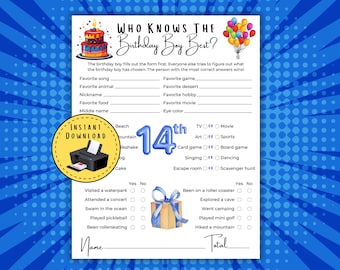 Who Knows The Birthday Boy Best, Teen Birthday Games, Boys 14th Birthday Game, Printable Birthday Games