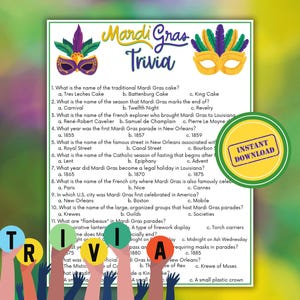 Mardi Gras Trivia Game, Mardi Gras Party Ideas, Carnival Trivia, Mardi Gras History Game, Printable Party Game, Digital Download