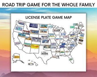Juego de matrículas con mapa - Juegos de viajes por carretera - Juego de matrículas imprimible - Matrículas para viajes por carretera