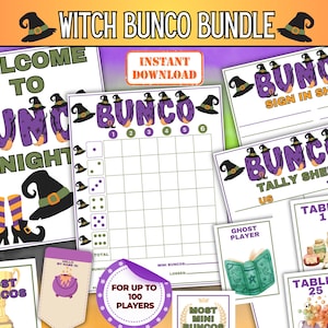 Halloween Witch Bunco Game, Spooky Dice Game, Halloween Bunco Party Games, Halloween Bunco Score Sheet,  Witch Themed Bunco Printable