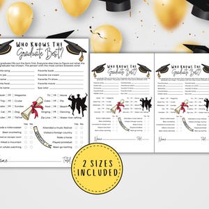 K&ouml;nnte beinhalten: Ein druckbares Spiel f&uuml;r eine Abschlussparty. Das Spiel hei&szlig;t "Wer kennt den Absolventen am besten?" und stellt Fragen zu den Lieblingsdingen, Hobbys und Erfahrungen des Absolventen. Das Spiel ist so konzipiert, dass es von den G&auml;sten der Party gespielt werden kann.