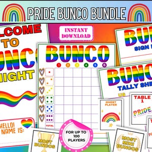 Jeu de bunco de la fierté, jeu de société LGBTQ+, ensemble de bunco sur le thème de l'arc-en-ciel, jeux du mois de la fierté, idées de jeux de fête inclusifs, jeu de bunco à imprimer