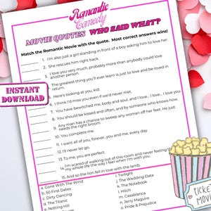 Juego imprimible de citas de películas de comedia romántica / Citas de comedia romántica / Juego de despedida de soltera / Fiesta de Galentines / Juego de trivia para una noche de chicas