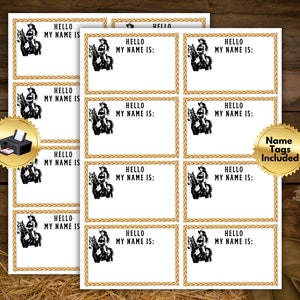May include: Printable name tags featuring a black and white illustration of a cowgirl riding a horse. The tags have a gold rope border and the text "Hello, my name is:" printed on each tag.