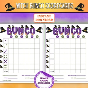 May include: Halloween-themed Bunco scorecards with the text "Witch Bunco Scorecards" and "Instant Download". The scorecards feature the word "Bunco" in purple letters with witch hats. Includes spaces for scores and totals.