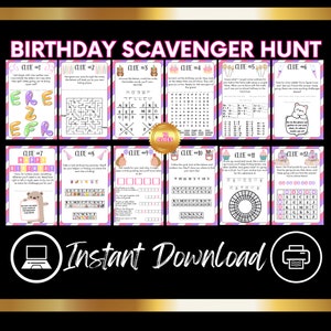 Girl Birthday Scavenger Hunt, Birthday Scavenger Hunt For Kids, Pink Birthday, Purple Birthday, Birthday Puzzles
