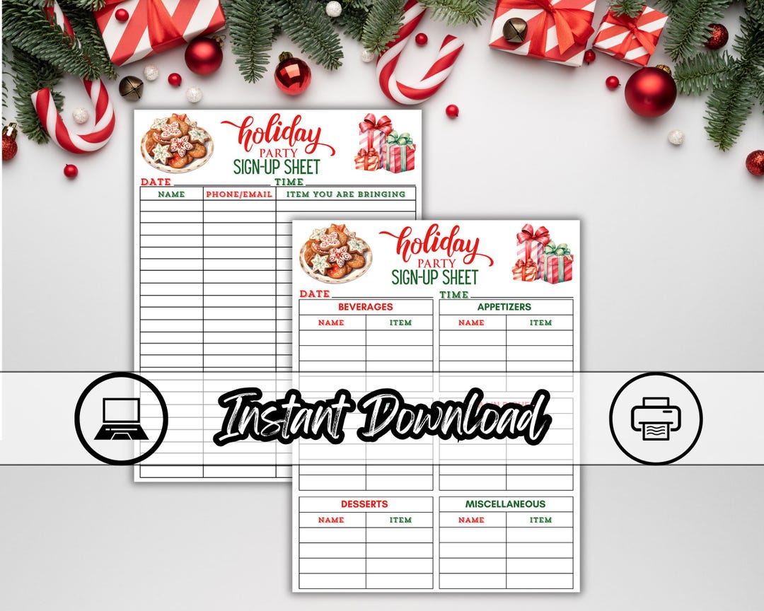 Holiday Party Sign up Sheet, Holiday Potluck Sign up Sheet, Holiday ...